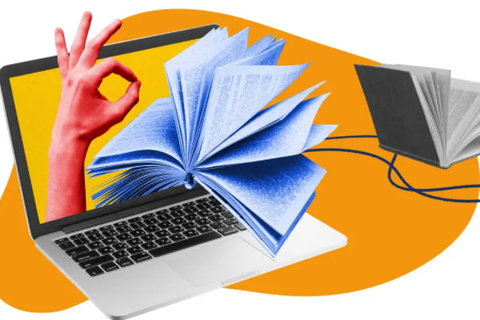 A computer with books and a hand icon coming out of the screen