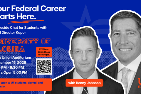 University of Florida promotional flyer with a blue background and orange accents. Large white text reads,