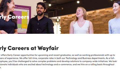 early careers at wayfair written out with 4 people in the picture smiling