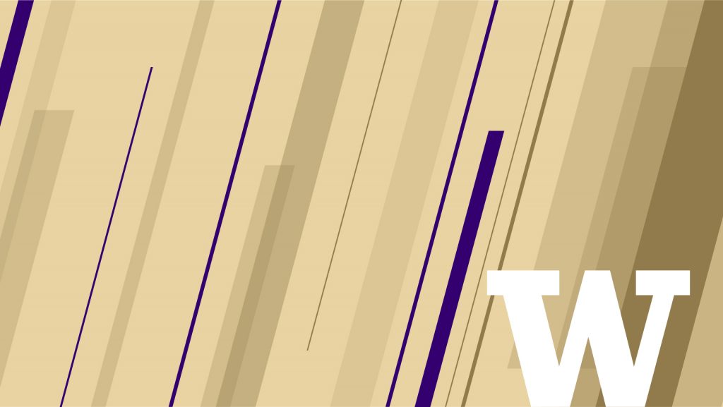 Gold background with purple and gold diagonals and white W in bottom right corner