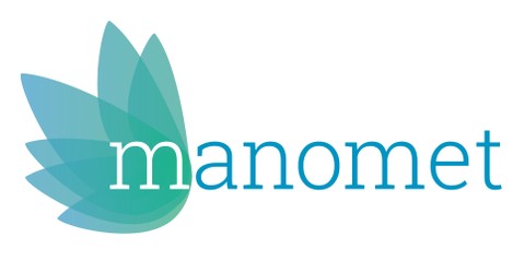Manomet logo, blue font partially on a blue/green flower icon