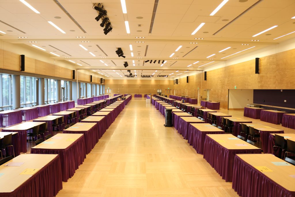 This is the Husky Union Building Ballrooms prior to employers arriving. This is the standard set-up for a career fair.
