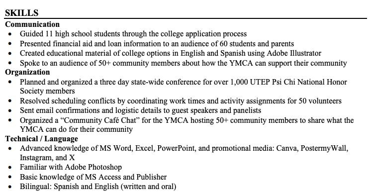 Skills layout example that shows three skills (communication, organization and technical/language) with bullet points on where these skills were used