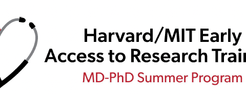 Harvard/MIT Early Access to Research Training in black text ; MD/PhD Summer Program in red text with a red heart and stethoscope on the left side.