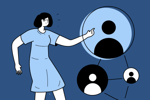Illustration of a person pointing to a profile icon connected to other profile icons in a network.