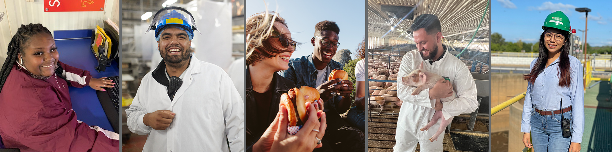 Multiple images of company employers in different settings: at a computer, in manufacturing with white coat and hard had, eating sandwiches, holding a pig, with a hard hat and walkie talkie.