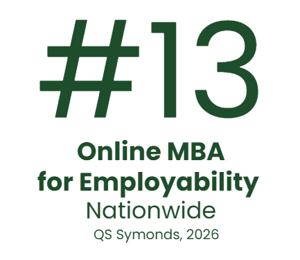 Graphic displaying “#13 Online MBA for Employability Nationwide” with citation “QS Symonds, 2026” in dark green text on a light background.