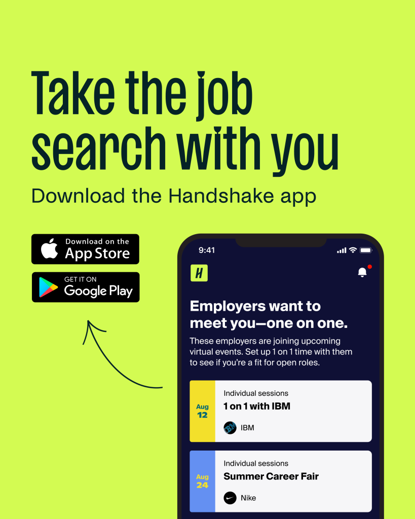 Promotional graphic encouraging students to download the Handshake app, featuring the text “Take the job search with you” and a smartphone screen showing one‑on‑one employer sessions and a summer career fair.