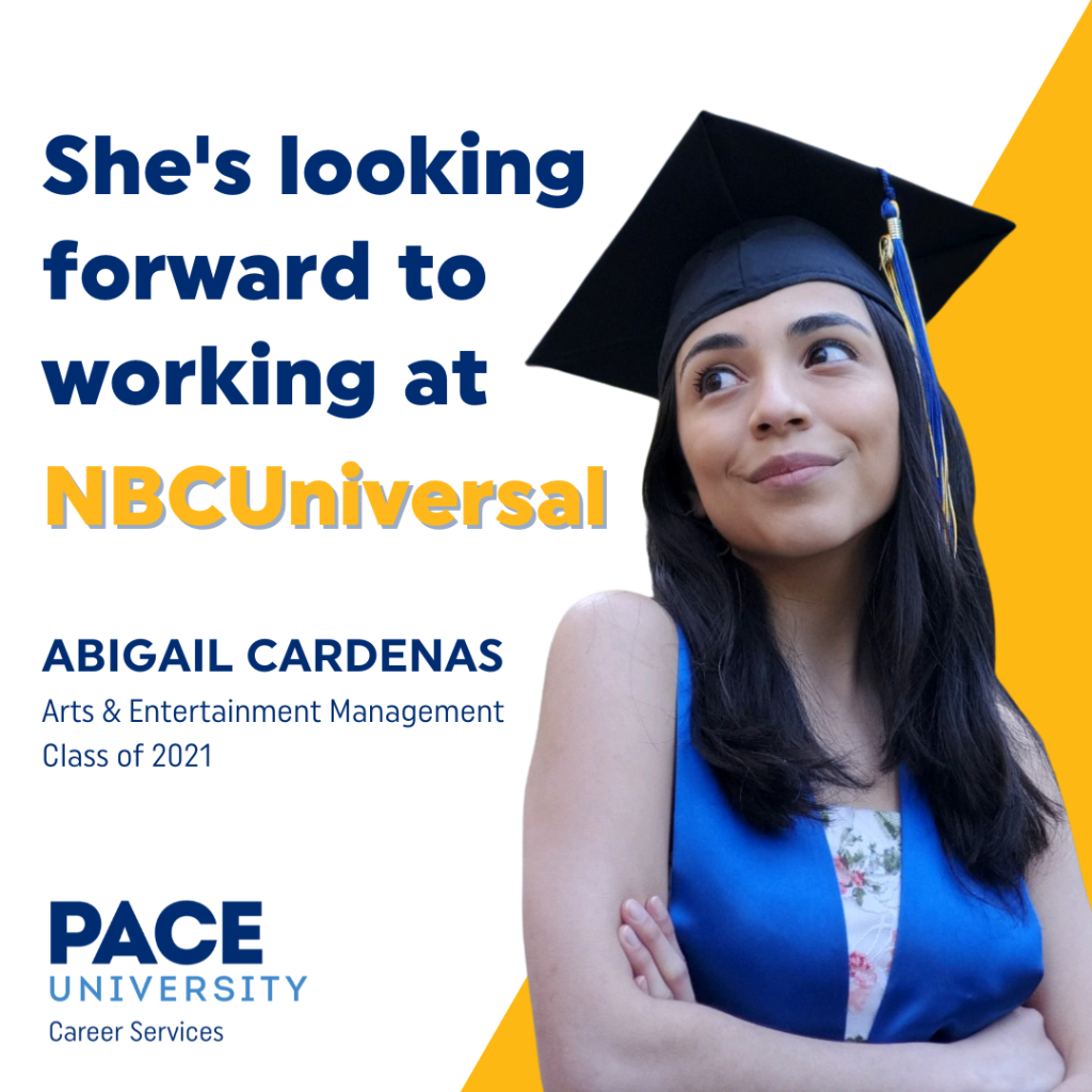 Pace University banner - "She's looking forward to working at NBCUniversal"