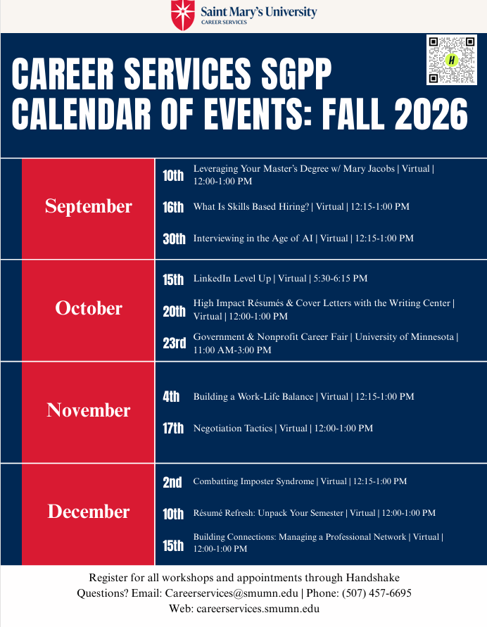 A screenshot of Career Services calendar of events 