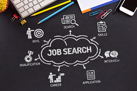 Job Search Chart with keywords and icons on blackboard
