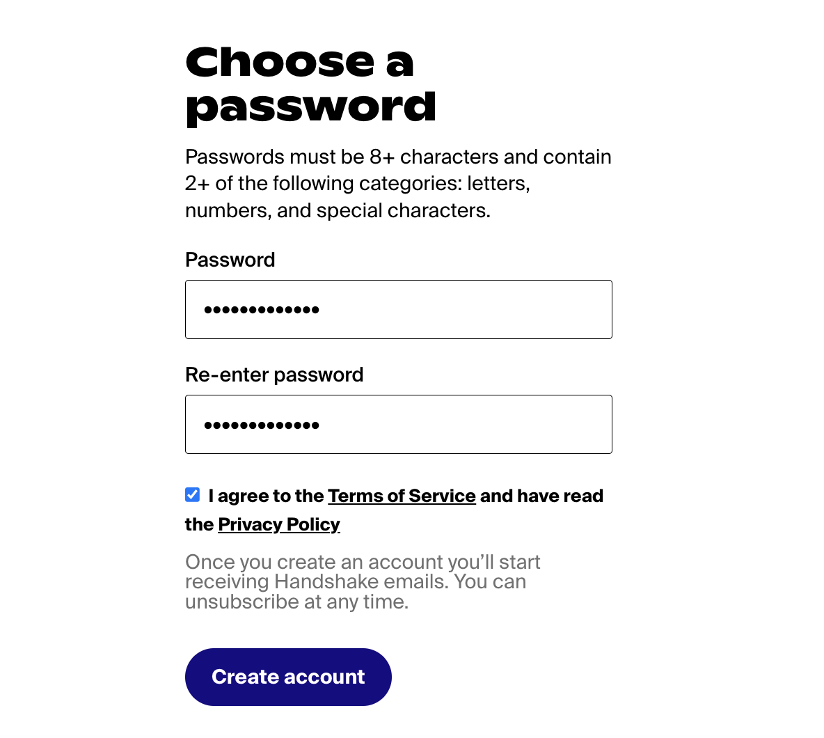 Screenshot of page to create password for Handshake