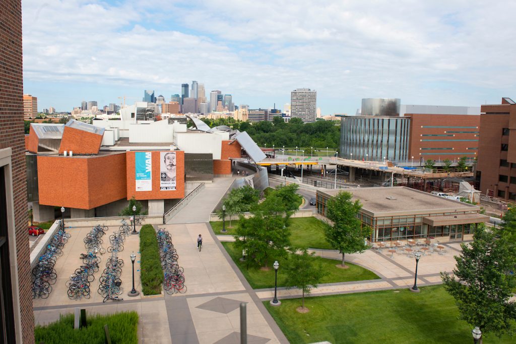 View of the Minneapolis skyline with the Weisman Art Museum and Bruininks Hall in the foreground