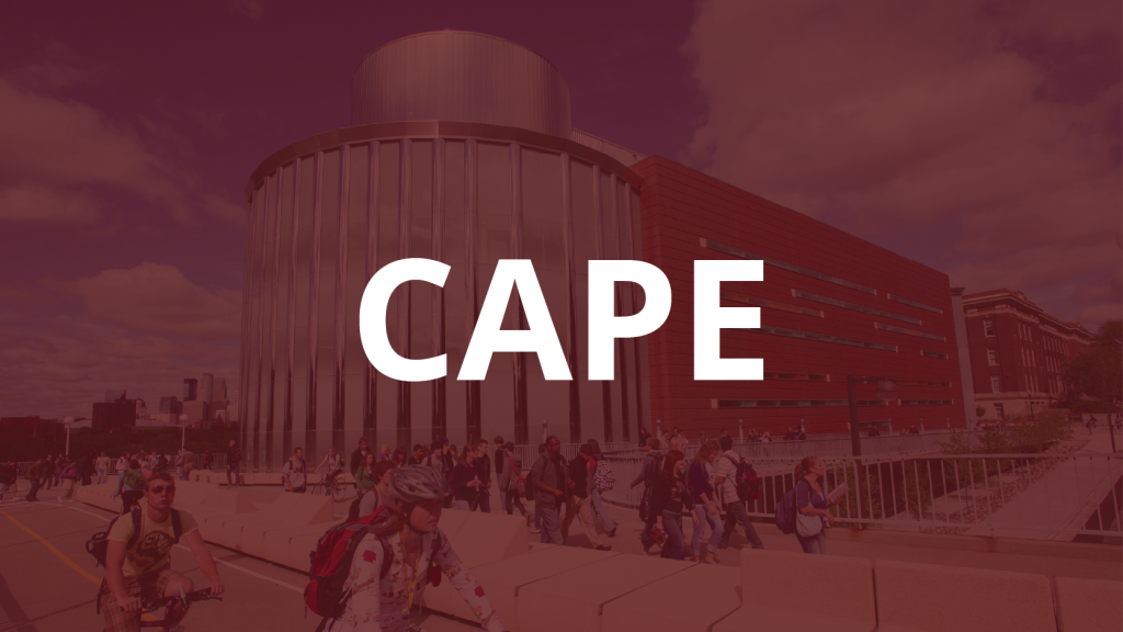 Exterior of Bruininks Hall with text "CAPE" overlaid on maroon background