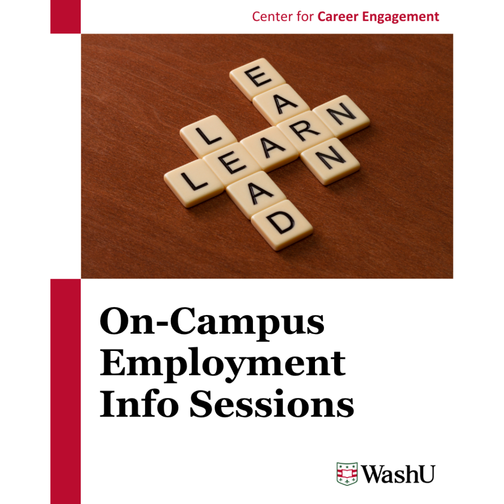Flier for the On-Campus Employment Info Sessions that has an image of scrabble tiles that spell out "learn," "lead," and "earn"