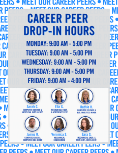 Career Peer Drop-In Hours Schedule for the Engineering Career & Co-op Center featuring pictures of the 6 peers and the hours of availability Monday through Friday.