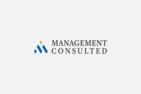 Management Consulted Logo featuring the text management consulted next to a stylized M made of diagonal trapezoids