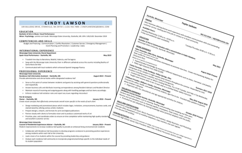 Screen shot of sample resumes