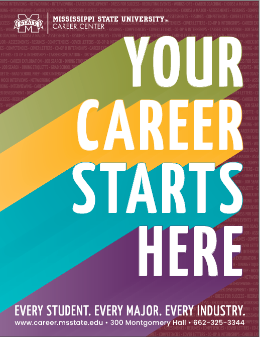 2026 Career Center Handbook Cover Image with department's logo, and the words Your Career Starts Here. Every Student. Every Major. Every Industry. www.career.msstate.edu, 300 Montgomery Hall, 662-325-3344