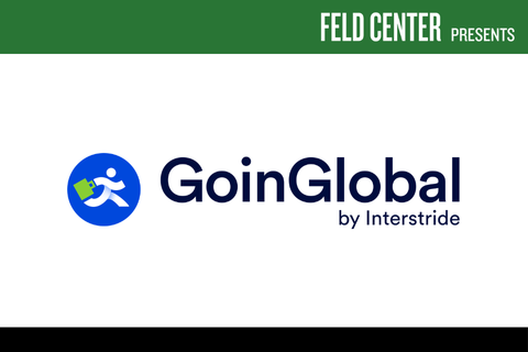 Going Global logo which contains a circle with a person running with a briefcase inside. The icon is blue with the green suitcase. Next to the logo, it says
