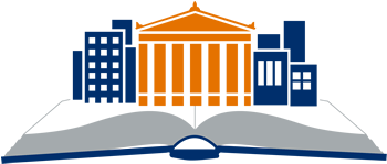 an illustration of an open book with city buildings growing from it