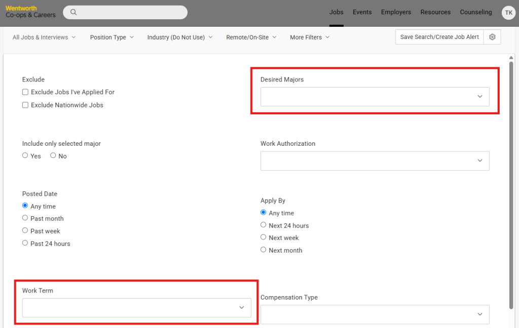 Screenshot from WITworks of the More Filters drop down menu. Desired Majors and Work Term are outlined in red. 