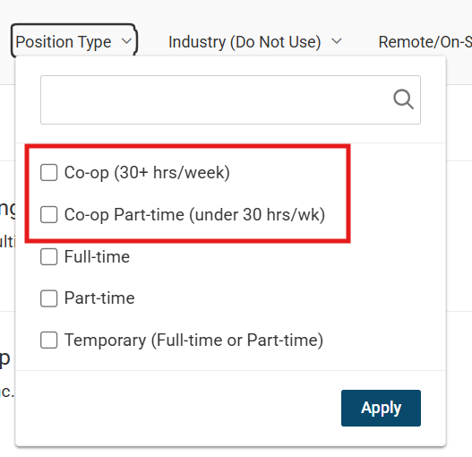 Screenshot from WITworks that shows the Position Type drop down menu with "Co-op" and "Co-op Part-Time" outlined in a red box. 