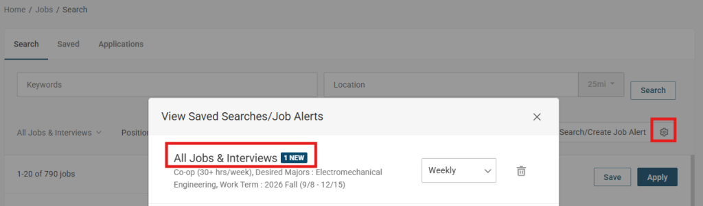 Screenshot from WITworks. The gear icon next to the "Save Search/Create Job Alert" button and the "All Jobs & Interviews" heading are outlined in red.