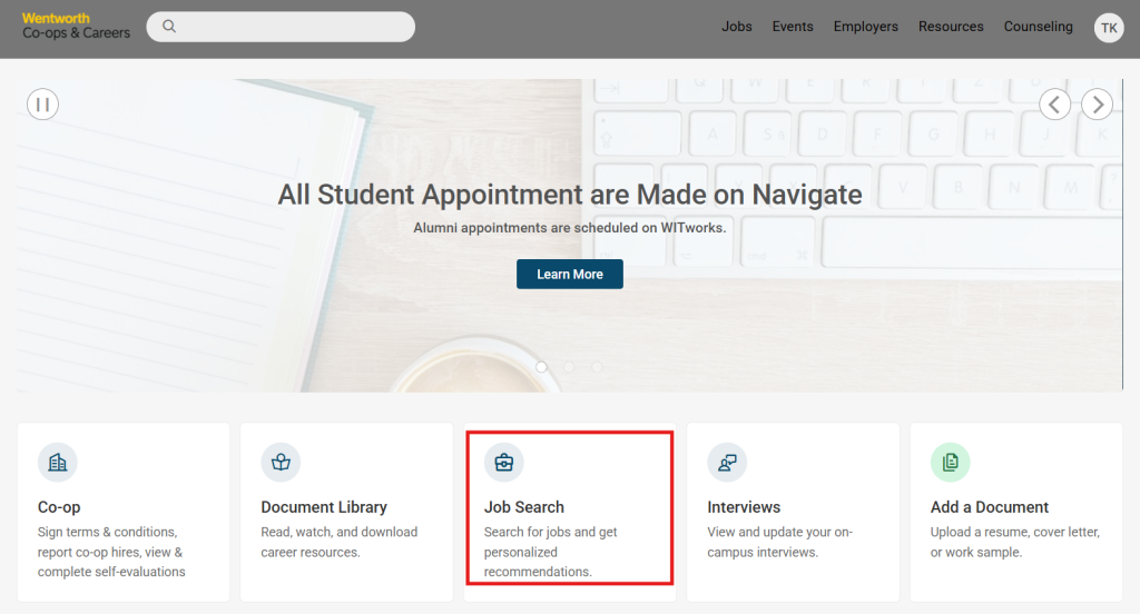 Screenshot of WITworks home page with the Job Search tile outlined with a red square.