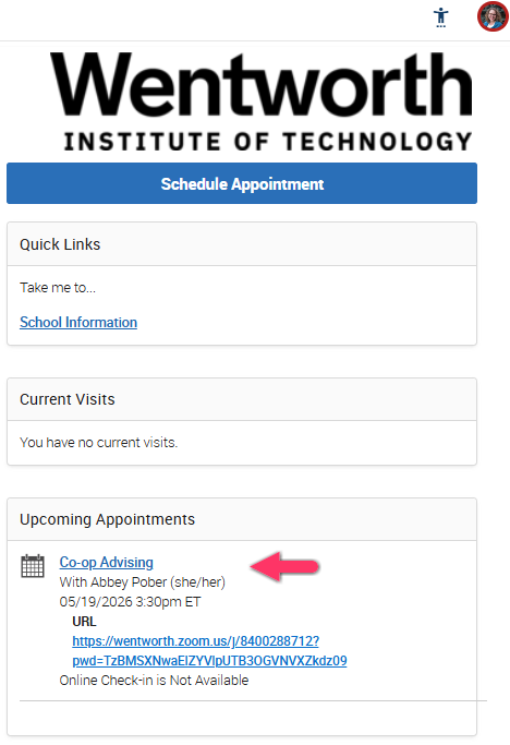 Navigate360 Student Home page showing the ‘Upcoming Appointments’ section where scheduled appointments are listed.