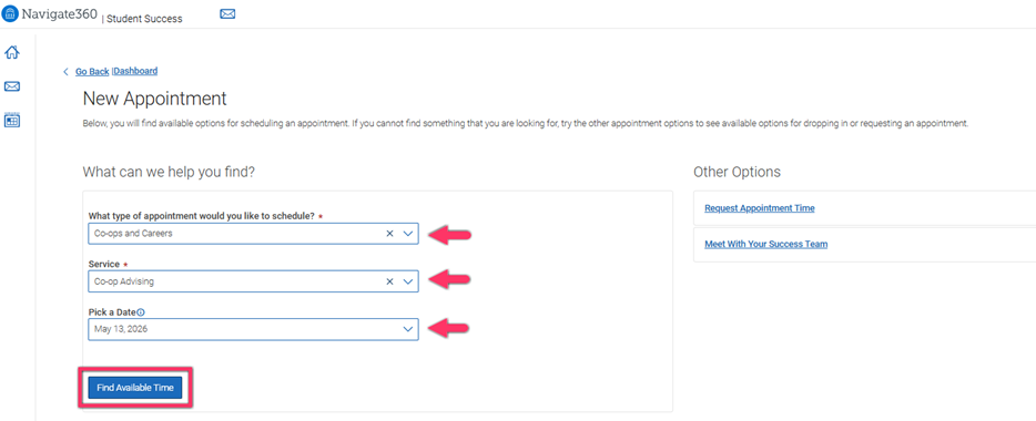 New Appointment page with options to select appointment type, service, and date, and a ‘Find Available Time’ button to view open time slots.