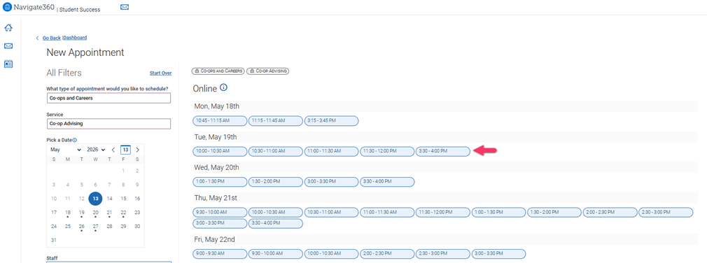 List of available 30-minute appointment times that a user can select to schedule a meeting.