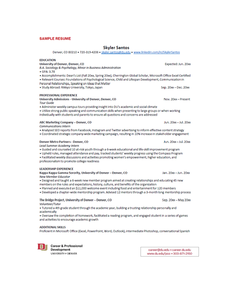 Picture of a sample resume in the Resume Guide