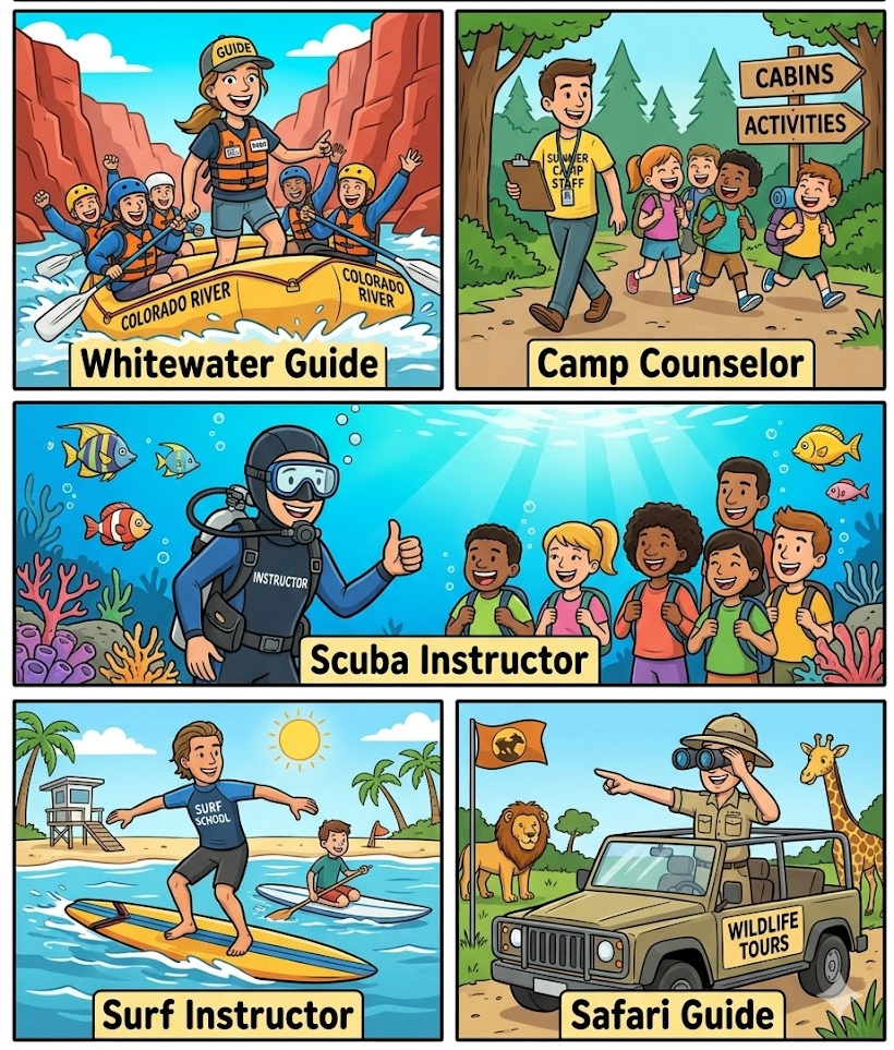 Contains multiple scenes of college students working fun summer jobs like whitewater guide, camp counselor, scuba instructor, surf instructor, & safari guide.