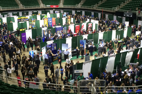 Hundreds of students talking to employers at an MSU career fair