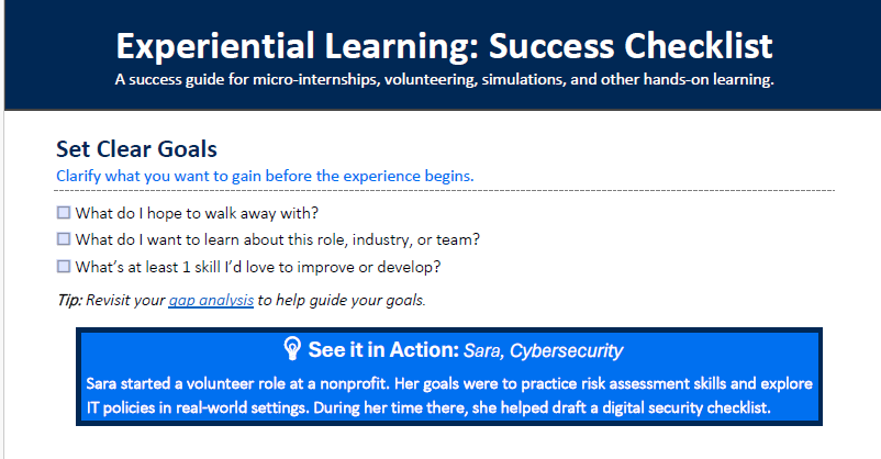 Screenshot of Experiential Learning: Success Checklist