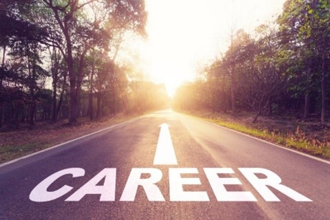image of a road with sunset in the background and a white arrow with word "career" painted on road