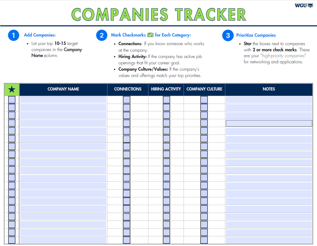 Screenshot of Companies Tracker handout