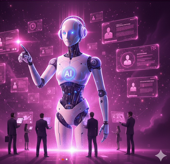 AI generated image with robotic figure in center surrounded by technology