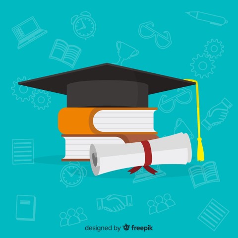 Graduation cap image over a couple of books and a rolled up diploma.
