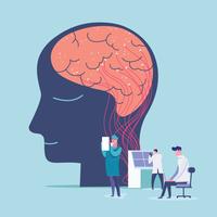 Stock image of animated scientists studying a human brain