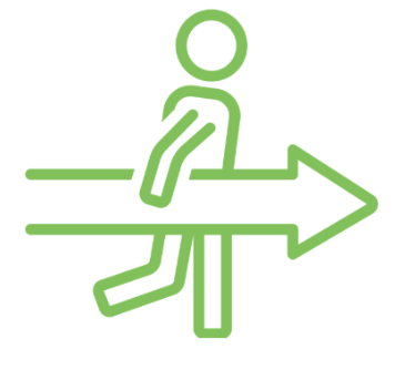 A simple light green outline icon depicts a stylized person walking forward, with their legs appearing to move as if striding. A thick horizontal arrow extends from behind the person to the front, pointing to the right, indicating movement or progression.