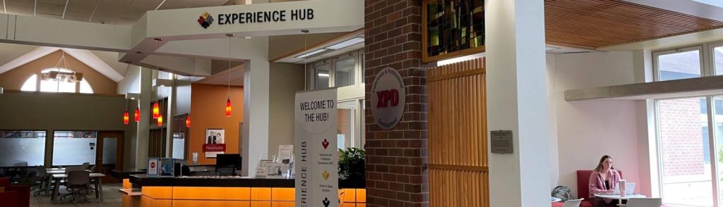view of welcome desk for the Experience Hub in Clemens Library