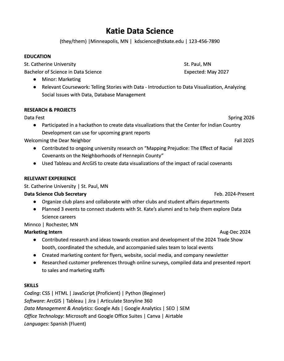 Data Science Resume Example – KatieCareer Virtual Career Center