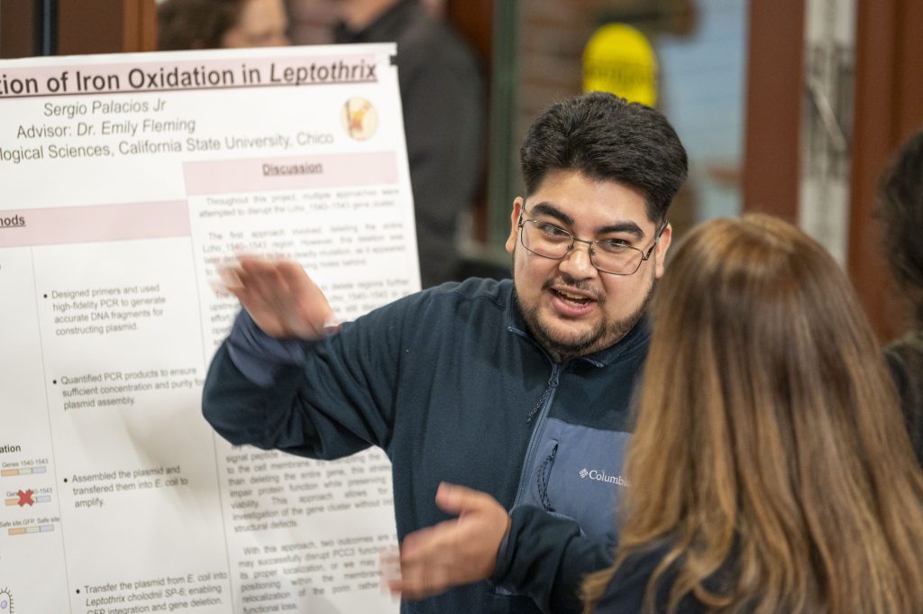 A person presents their work on a display board to a student.