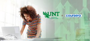 Female using laptop with UNT logo and Coursera logo