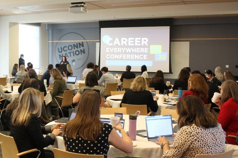 Nancy Bilmes speaking during the UConn Career Everywhere Conference.