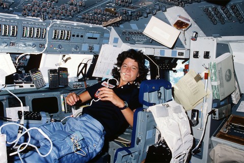 Astronaut Sally Ride in a space shuttle.