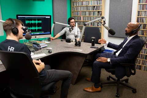 Kyle Drake and Victor Calle, both physiology and neurobiology graduate students and hosts of the In Vivo podcast, interview Jeffrey Ogbar, professor of history and director of the Center for the Study of Popular Music.