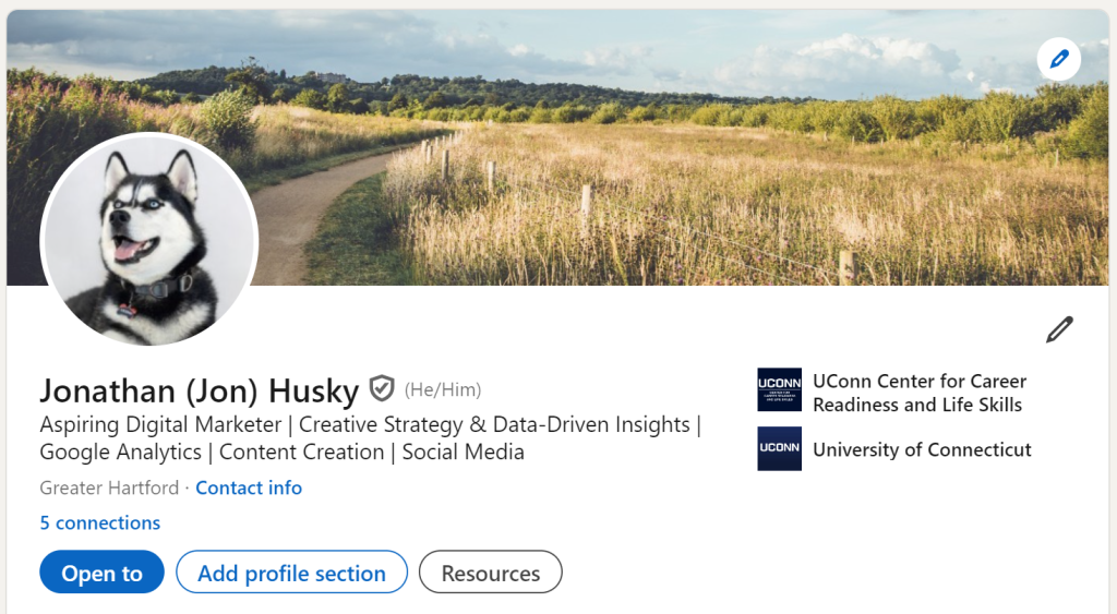 Screenshot of Jonathan the Husky's LinkedIn profile.